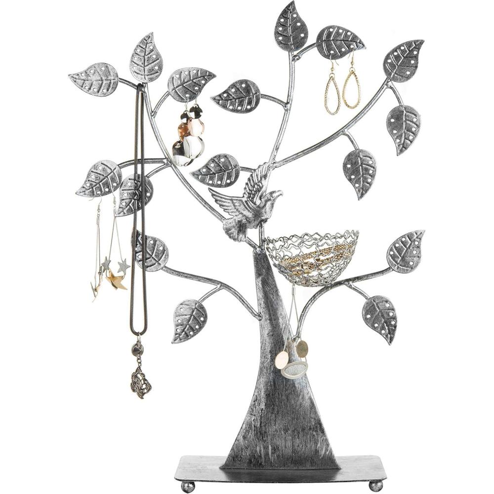 image:imageMyGift Silver Metal Jewelry Tree with Bird Nest Holds up to 48 pair EarringsSilver