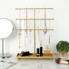MyGift Modern Jewelry Organizer, 3 Tier Brass Metal Tabletop Bracelet and Necklace Jewelry Storage Display Tree Rack with Base Ring Tray(Brass)