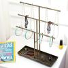 MyGift Modern Jewelry Organizer, 3 Tier Brass Metal Tabletop Bracelet and Necklace Jewelry Storage Display Tree Rack with Base Ring Tray(Distressed Brass)
