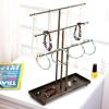 MyGift Modern Jewelry Organizer, 3 Tier Brass Metal Tabletop Bracelet and Necklace Jewelry Storage Display Tree Rack with Base Ring Tray(Distressed Brass)