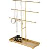 MyGift Modern Jewelry Organizer, 3 Tier Brass Metal Tabletop Bracelet and Necklace Jewelry Storage Display Tree Rack with Base Ring Tray(Brass)