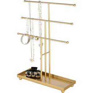 MyGift Modern Jewelry Organizer, 3 Tier Brass Metal Tabletop Bracelet and Necklace Jewelry Storage Display Tree Rack with Base Ring Tray(Brass)