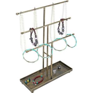 MyGift Modern Jewelry Organizer, 3 Tier Brass Metal Tabletop Bracelet and Necklace Jewelry Storage Display Tree Rack with Base Ring Tray(Distressed Brass)