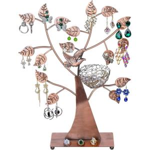 MyGift Silver Metal Jewelry Tree with Bird Nest – Holds up to 48 pair Earrings(Bronze)