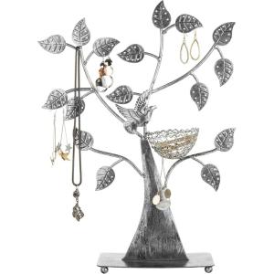 MyGift Silver Metal Jewelry Tree with Bird Nest – Holds up to 48 pair Earrings(Silver)