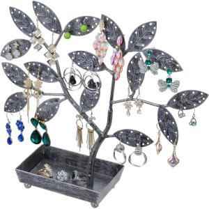 MyGift Silver Metal Jewelry Tree with Bird Nest – Holds up to 48 pair Earrings(Silver Metal)