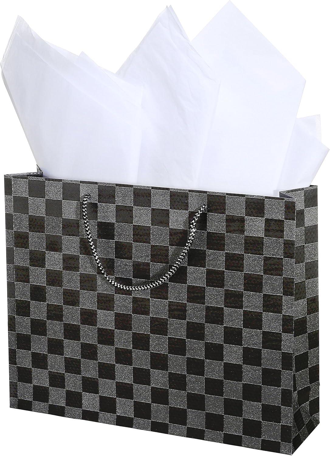 image:imageMyGift Birthday Gift Bags for Women Kids Men with Assorted Color Glitter Checkerboard Design 15 x 12 Set of 3Checkerboard