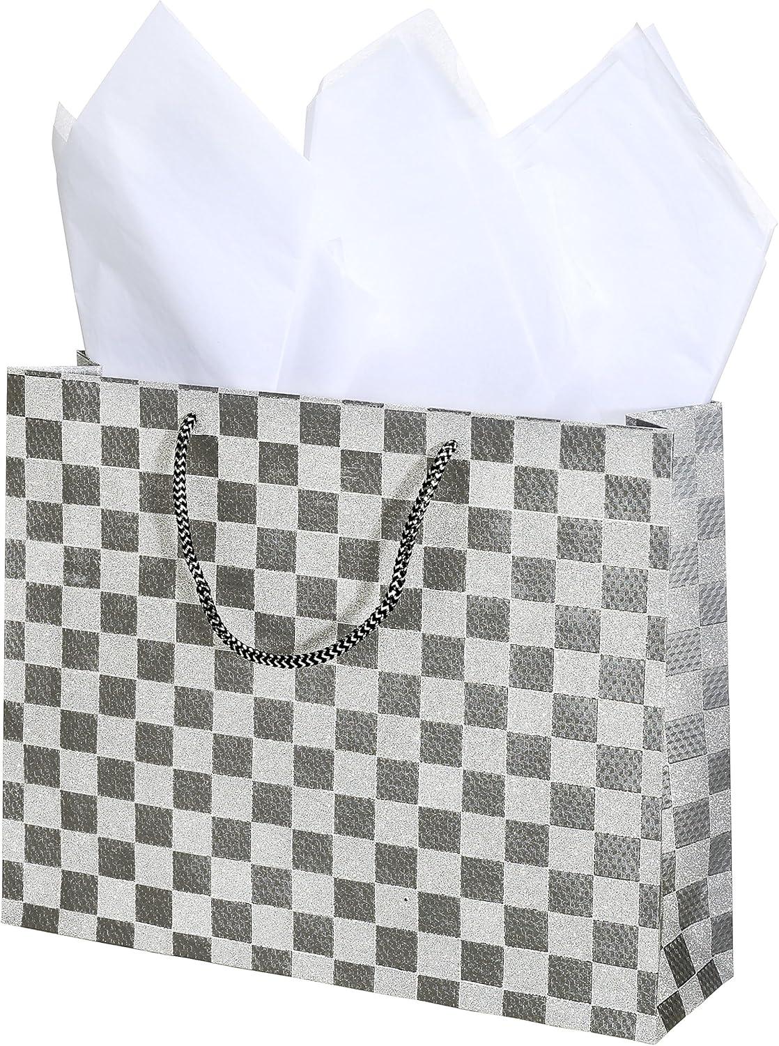 image:imageMyGift Birthday Gift Bags for Women Kids Men with Assorted Color Glitter Checkerboard Design 15 x 12 Set of 3Checkerboard