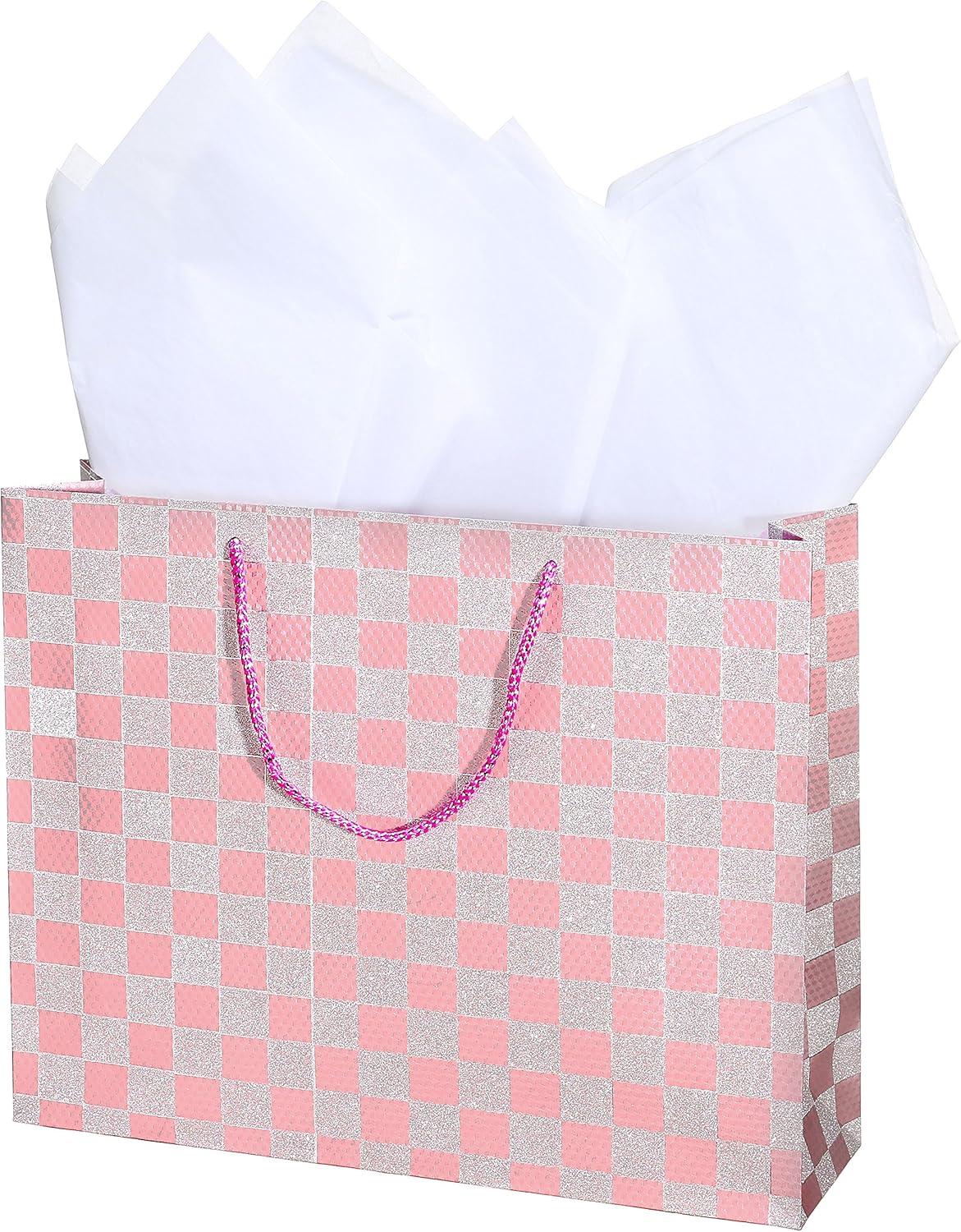 image:imageMyGift Birthday Gift Bags for Women Kids Men with Assorted Color Glitter Checkerboard Design 15 x 12 Set of 3Checkerboard