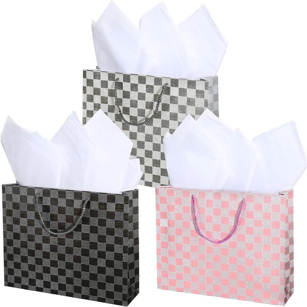 image:imageMyGift Birthday Gift Bags for Women Kids Men with Assorted Color Glitter Checkerboard Design 15 x 12 Set of 3Checkerboard
