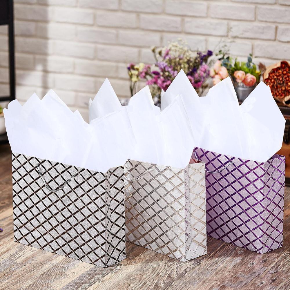 image:imageMyGift Birthday Gift Bags for Women Kids Men with Assorted Color Glitter Checkerboard Design 15 x 12 Set of 3Diamond