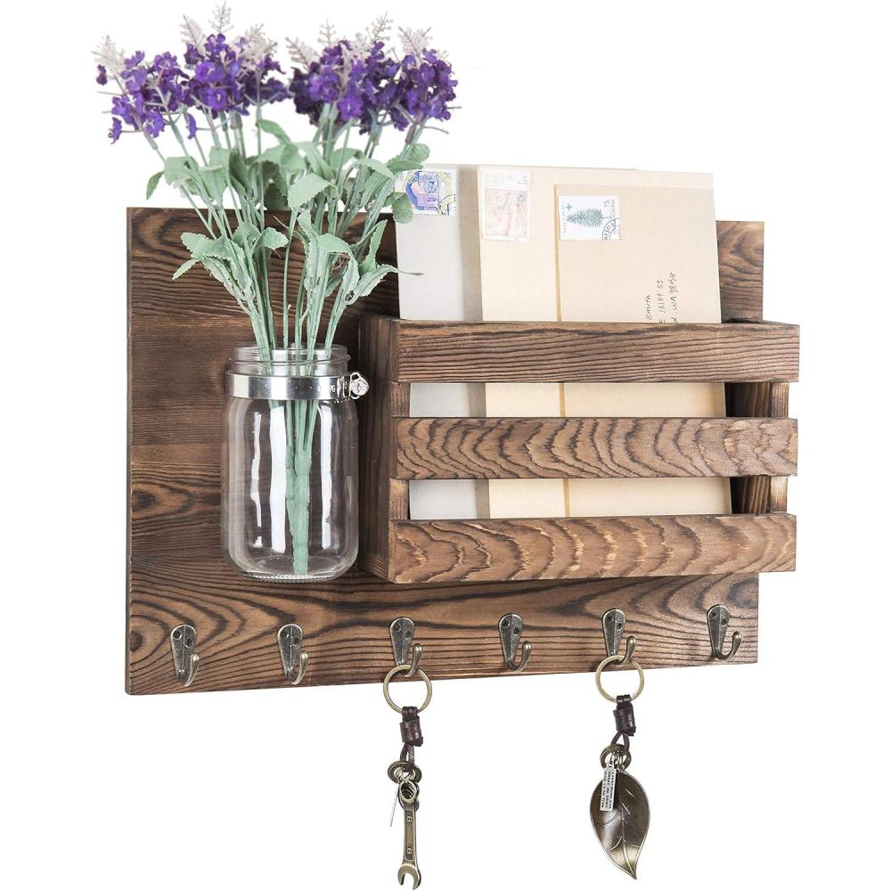 image:imageMyGift WallMounted Burnt Wood Mail Holder Organizer with 6 Key Hooks amp Mason JarBurnt Brown