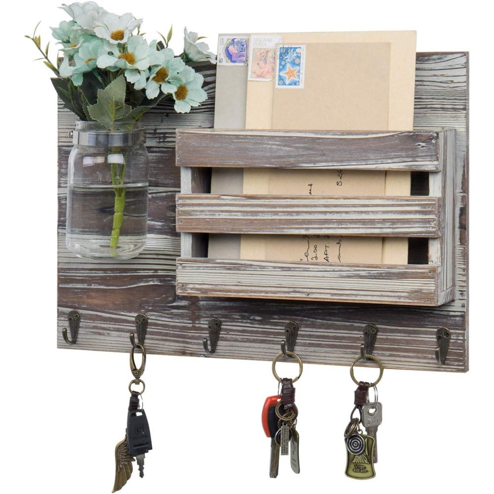 image:imageMyGift WallMounted Burnt Wood Mail Holder Organizer with 6 Key Hooks amp Mason JarTorched