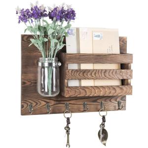 MyGift Wall-Mounted Burnt Wood Mail Holder Organizer with 6 Key Hooks & Mason Jar(Burnt Brown)