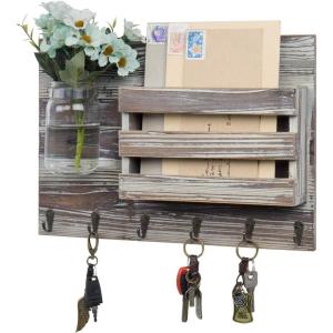 MyGift Wall-Mounted Burnt Wood Mail Holder Organizer with 6 Key Hooks & Mason Jar(Torched)