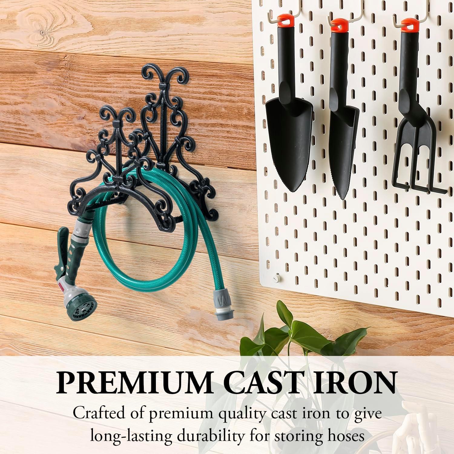 image:imageMyGift Brown Heavy Duty Cast Iron Outdoor Garden Hose Hanger Wall Mounted Water Hose Holder Reel with Vintage Scrollwork DesignFloral Pattern