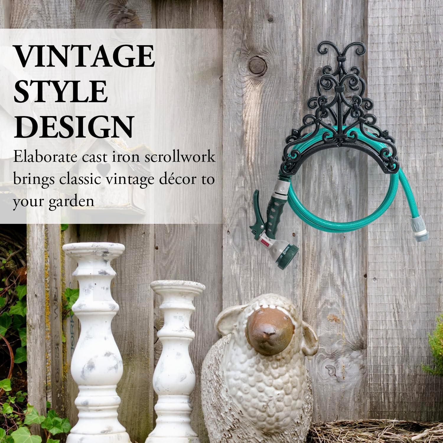 image:imageMyGift Brown Heavy Duty Cast Iron Outdoor Garden Hose Hanger Wall Mounted Water Hose Holder Reel with Vintage Scrollwork DesignFloral Pattern