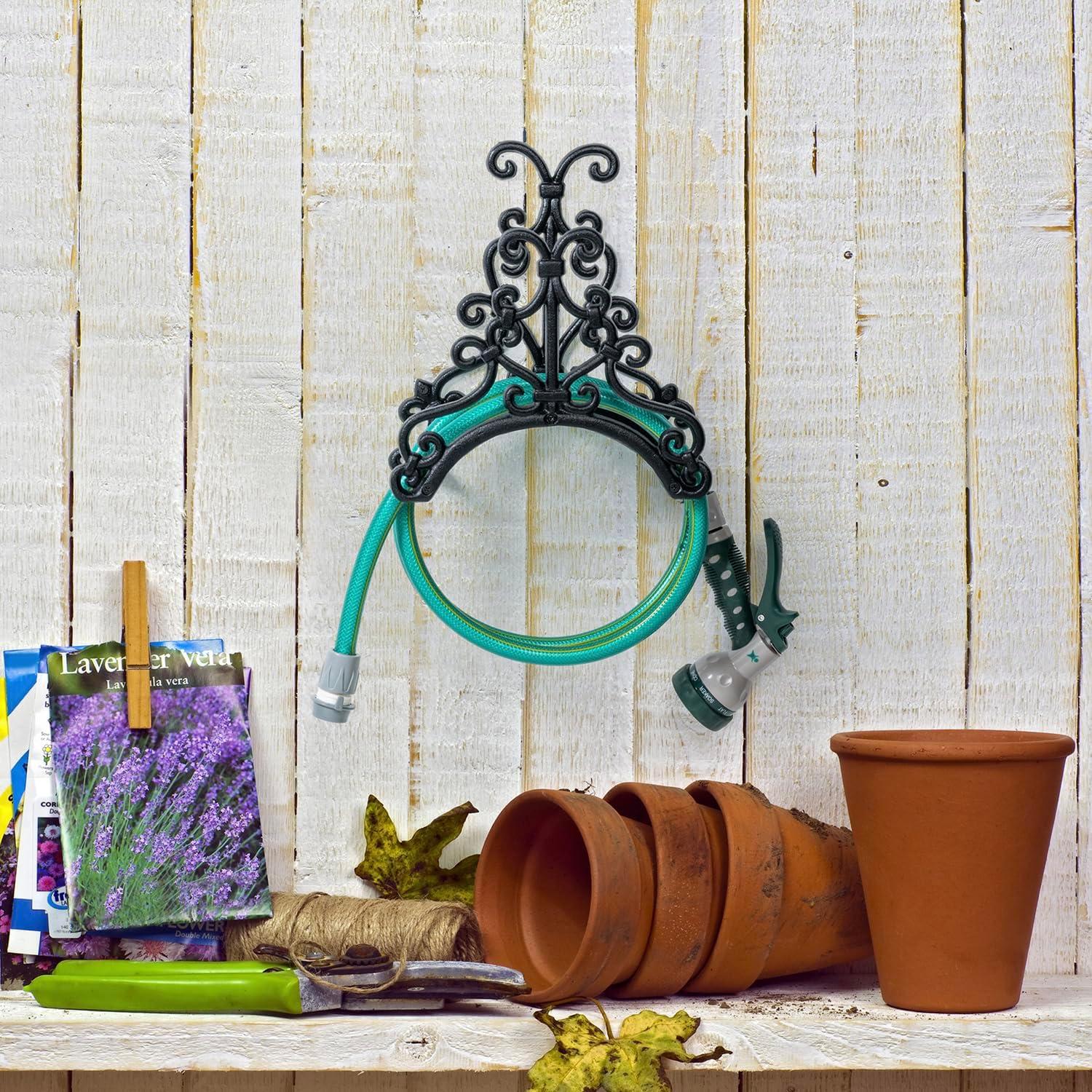 image:imageMyGift Brown Heavy Duty Cast Iron Outdoor Garden Hose Hanger Wall Mounted Water Hose Holder Reel with Vintage Scrollwork DesignFloral Pattern