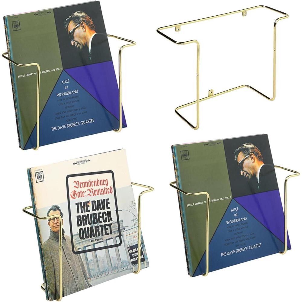 image:imageMyGift 2Pack Vinyl Wall Mount Holder  Floating Record Shelf for Vinyl Display Black Metal Record Wall Display ShelvesBrass 4 Pcs
