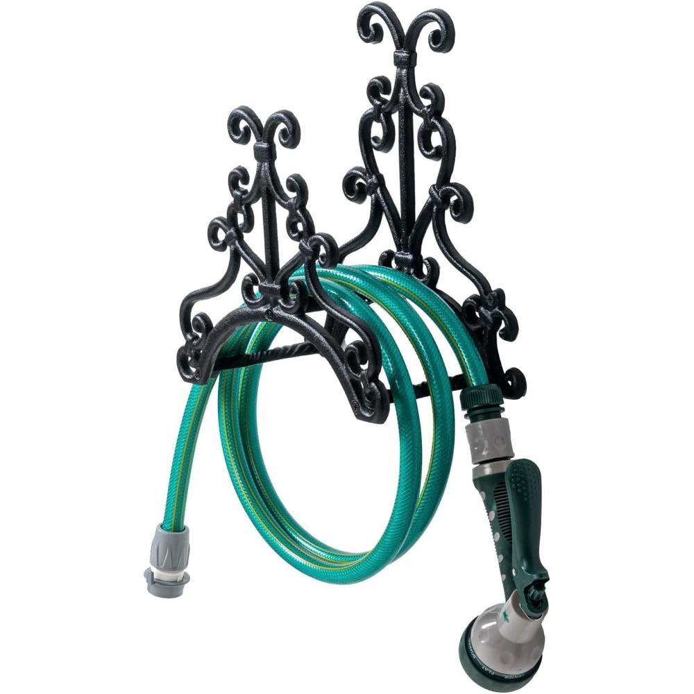 image:imageMyGift Brown Heavy Duty Cast Iron Outdoor Garden Hose Hanger Wall Mounted Water Hose Holder Reel with Vintage Scrollwork DesignFloral Pattern
