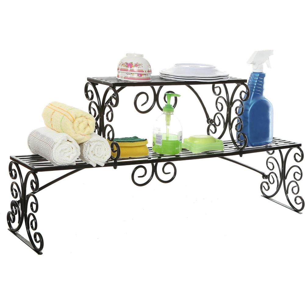 image:imageMyGift Black Metal Over the Sink Shelf with Scrollwork Design 2 Tier Display Stand Organizer for Kitchen Accessories