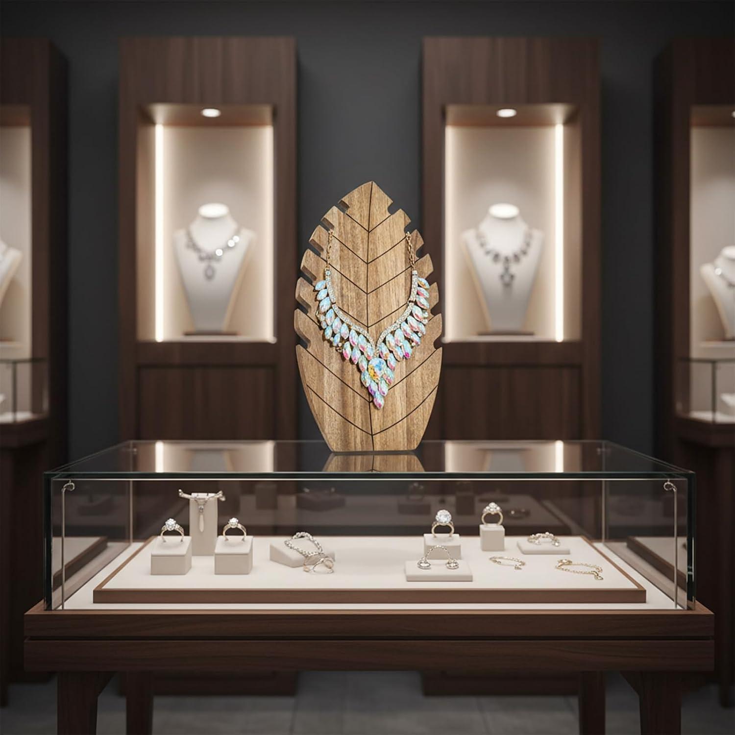 image:imageMyGift Premium LeafShaped Acacia Wood Necklace Holder Solid Wood Tabletop Jewelry Display Stand for Necklaces Chains amp Accessories