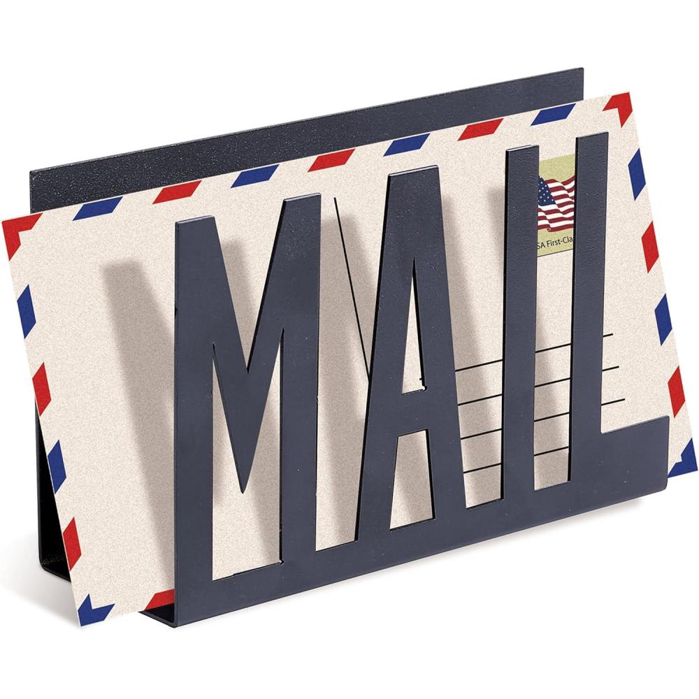 image:imageMyGift Mail Holder Organizer Countertop Modern Golden Metal with Cutout MAIL Lettering Design Office Desktop Envelope and Document Storage RackBlack