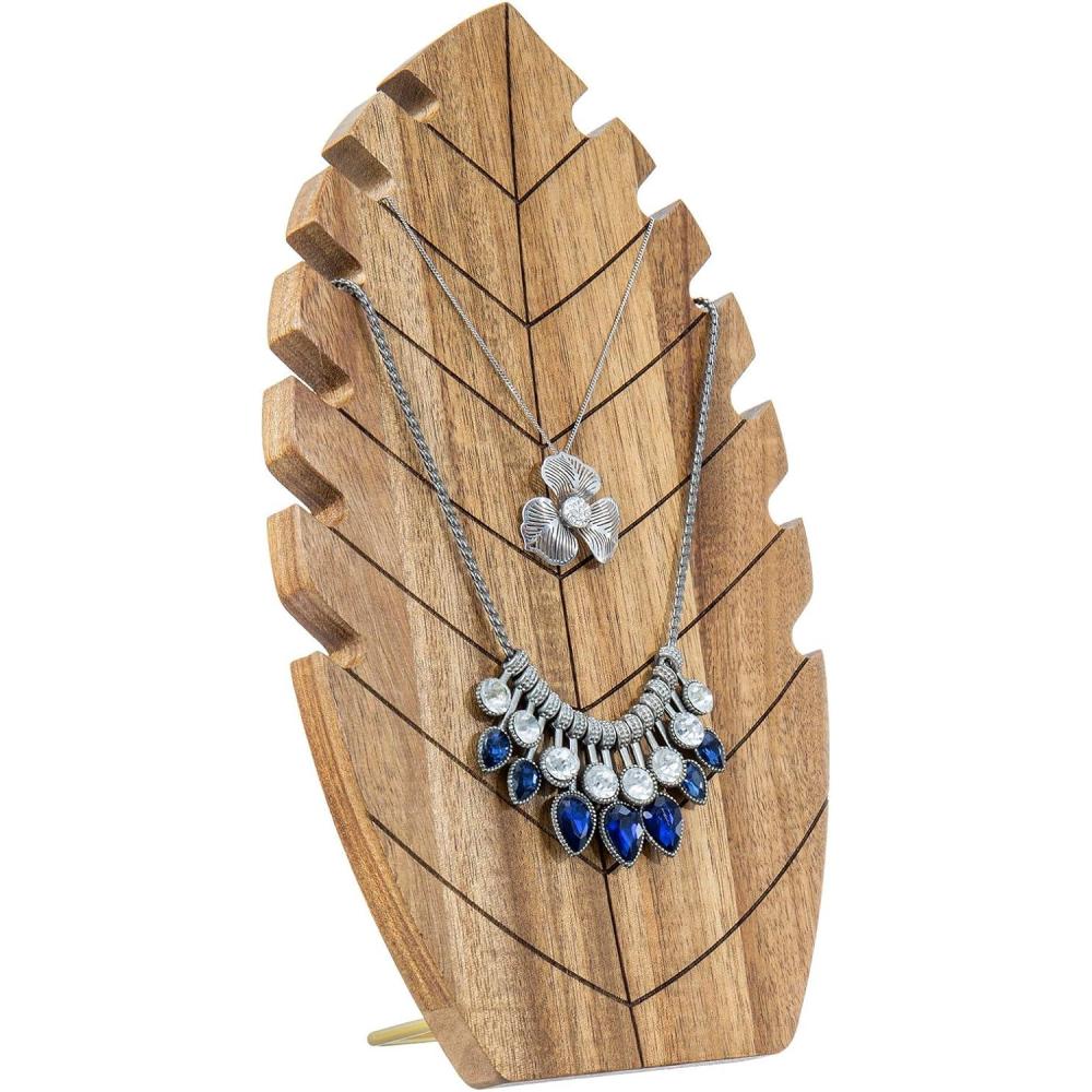 image:imageMyGift Premium LeafShaped Acacia Wood Necklace Holder Solid Wood Tabletop Jewelry Display Stand for Necklaces Chains amp Accessories