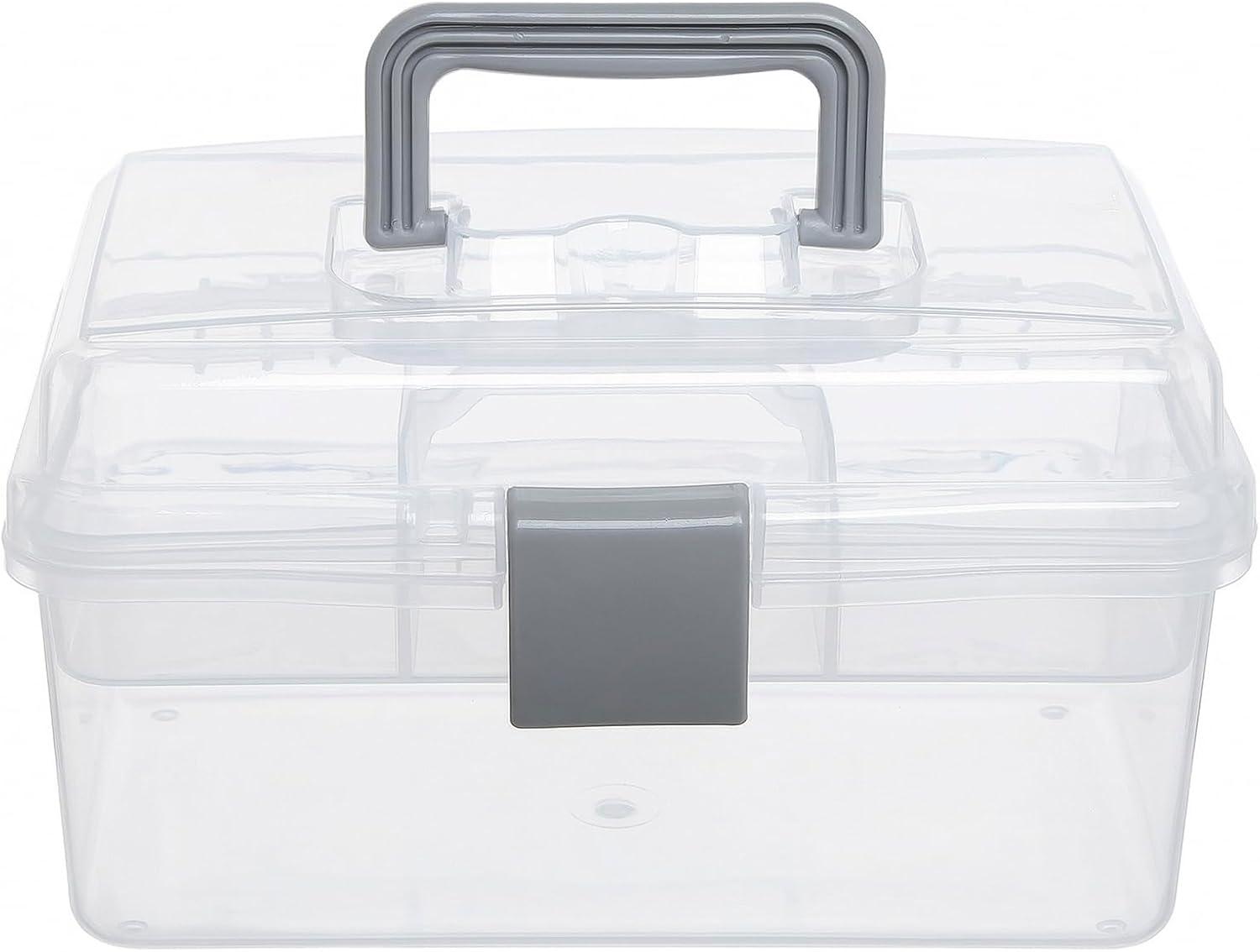 image:imageMyGift 102 Inch Transparent Plastic Empty Multipurpose Tackle Box with Gray Handle and Removable Tray for Tools First Aid Sewing Kit Arts Crafts Supplies StorageTransparent Gray