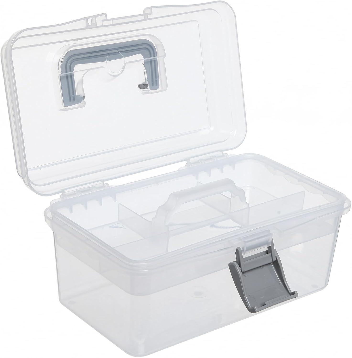 image:imageMyGift 102 Inch Transparent Plastic Empty Multipurpose Tackle Box with Gray Handle and Removable Tray for Tools First Aid Sewing Kit Arts Crafts Supplies StorageTransparent Gray