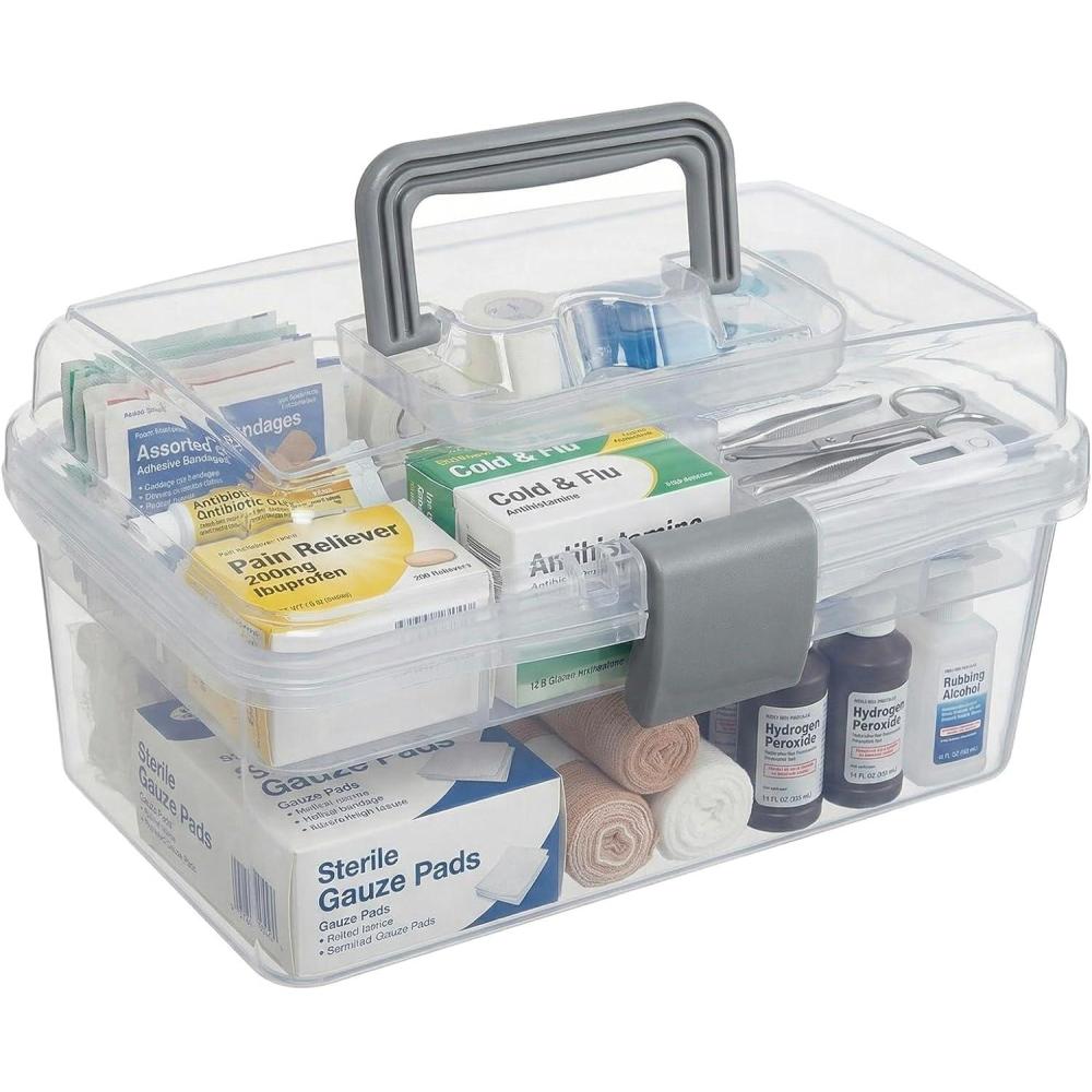 image:imageMyGift 102 Inch Transparent Plastic Empty Multipurpose Tackle Box with Gray Handle and Removable Tray for Tools First Aid Sewing Kit Arts Crafts Supplies StorageTransparent Gray